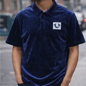 True Religion Men's Dark Blue Velour Polo with Logo Patch